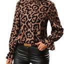 Floerns Women's Leopard Print Elegant Long Sleeve Frill Trim Mock Neck Blouse Tops, XXL