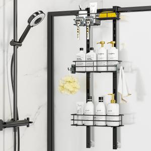ODesign Over The Door Shower Caddy, 3-Tier Adjustable Hanging Shower Caddy with Soap Holder & 4 Hooks, Rustproof Bathroom Organizer with Suction Cup - Black
