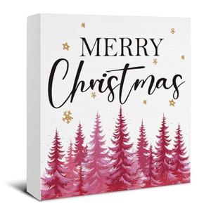 Christmas Decorations for Home - Pink Merry Christmas Tree Wooden Sign Winter Decoration Home Living Room Kitchen Office Decor - 5×5 Inches