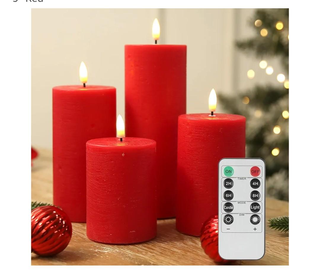 Flameless Candles, 4 Pack Battery Operated Candles with Remote, Real Wax LED Fake Candles with Timer Flickering for Christmas Wedding Home Party D3 H 5" 6" 7" 9" Red