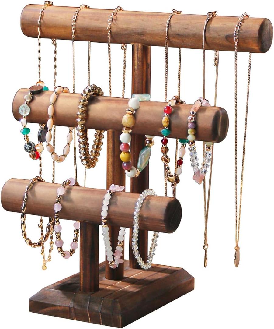 Bracelet Holder, Bracelet Display Stand for Vendors, T-Bar Necklace Scrunchie Wooden Storage Rack, Bangle Watch Jewelry Display Tower (3 Tier)