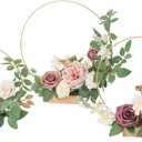 Ling's Moment Candle Holder Hoop Wreath Floral Centerpieces for Sweetheart Table, Head Table, Ceremony Reception Artificial Flowers Decorations (Set of 3, Mauve & Dusty Rose)