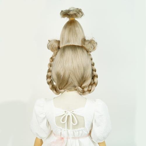 Half and Half Blonde Christmas Cindy Costume Wig Set Blonde Double Braids Wig with Bangs for Costumes Halloween