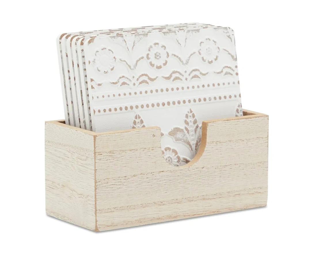 Juvale Set of 6 White Wooden Coasters with Holder for Drinks, Coffee Table, and Floral Farmhouse Decor (3.8 Inches) - Coasters Set