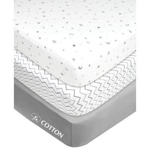 American Baby Company 3 Pack Fitted Mini Crib Sheet 24" x 38", Soft Breathable Neutral 100% Cotton Jersey Portable Sheet, Gray Star/Zigzag, for Boys and Girls, Fits Most Pack N Play Mattresses (Grey Star/Zigzag)