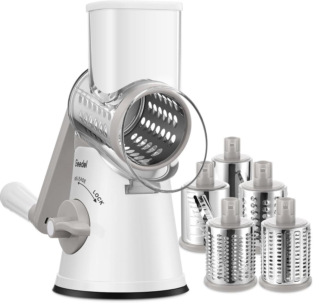 Geedel Rotary Cheese Grater Cheese Shredder with 5 Interchangeable Blades - Upgraded Rotary Grater Featuring Strong Suction Base for Cheese Shredding, Wavy Slicing, Nut Grinding, and Ice Shaving (White)