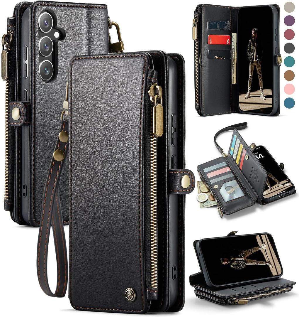 Defencase for Galaxy S25 Plus/S25+ Case Wallet with RFID Blocking Card Holder for Women Men, Elegant Leather Magnetic Snap Flip Strap Zipper Wallet Phone Cases for Samsung Galaxy S25 Plus 6.7", Black