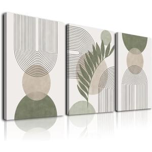 Sage Green Boho Wall Art Set of 3, Minimalist Framed Wall Art Geometric Line Leaf Sun Moon Beige Green Canvas Artwork Paintings, Abstract Botanical Boho Room Decor, Sage Green Wall Posters & Prints