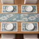 7 Pcs Table Runners and Rectangle Placemats Set, Floral Jacquard Woven Table Runner with Tassels & 6 Matching Placemats, Vintage French Style Dining Table Decor for Kitchen, Dining Room, Holidays