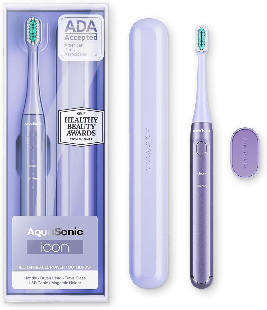 Aquasonic Icon ADA-Accepted Rechargeable Toothbrush | Magnetic Holder & Slim Travel Case | 2 Brushing Modes & Smart Timers | Gentle Micro-Vibrations (Lilac) (1 Count (Pack of 1))