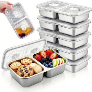 6 Pack Stainless Steel Snack Containers, 2 Compartment Reusable Metal Snack Boxes Containers with Leak-Proof Lids, Compact Lunch Box Food Storage Container