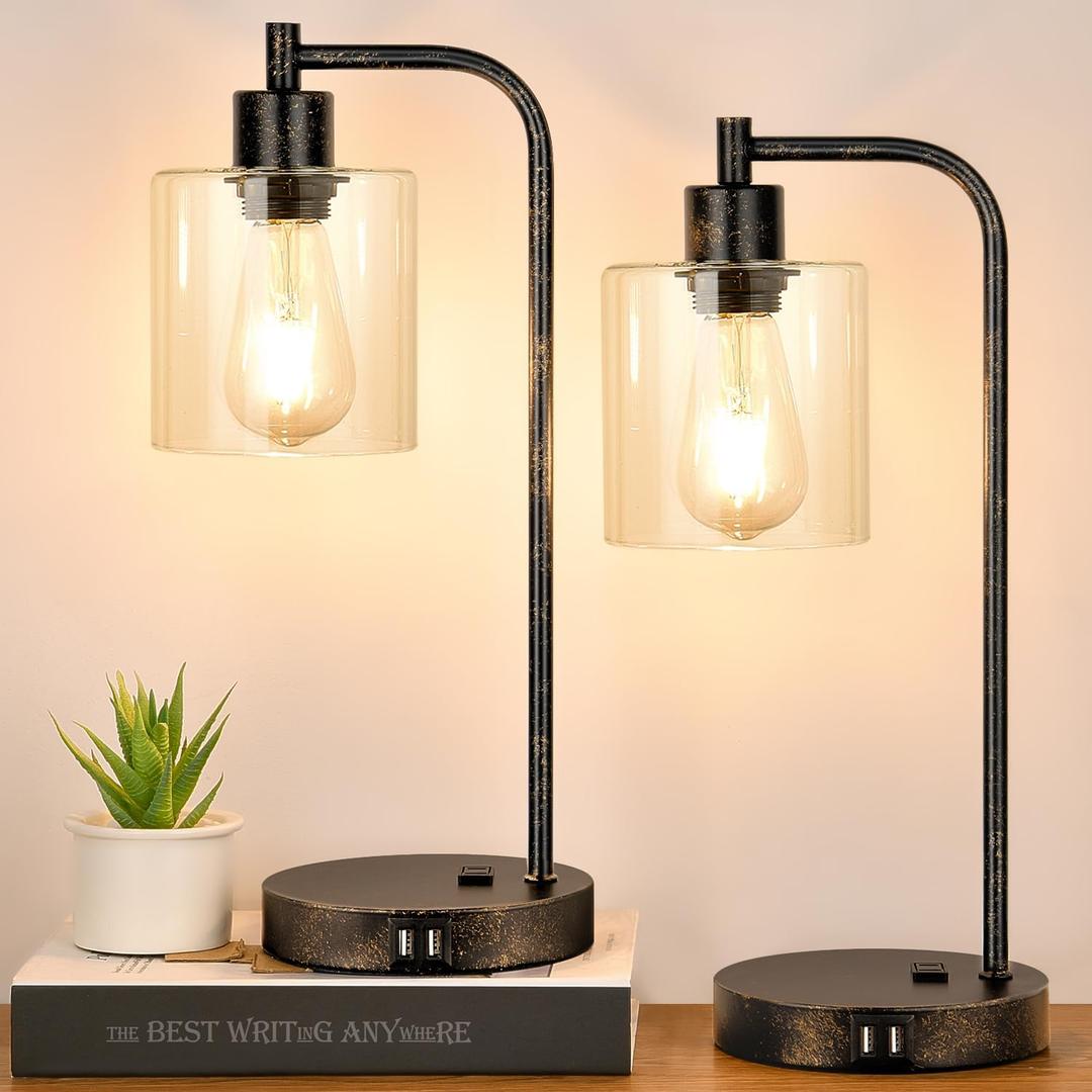 Industrial Touch Table Lamps Set of 2 - Rustic Black Bedside Lamps with 2 USB Ports & AC Outlet, 3-Way Dimmable Nightstand Desk Lamp for Bedroom Living Room Farmhouse, Glass Shade & LED Bulbs Included