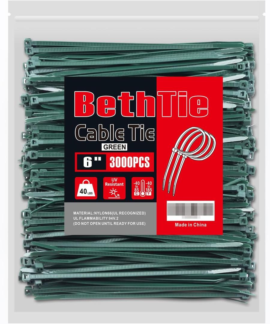 3000 PCS 3mm Dark Green Zip Ties 6 Inch, 40 LBS Tensile Strength, Self-Locking Nylon PA66 UV Resistant Cable Ties for Indoor and Outdoor Use 3000 PCS 3mm Dark Green Zip Ties 6 Inch, 40 LBS Tensile Strength, Self-Locking Nylon PA66 UV Resistant Cable Ties for Indoor and Outdoor Use
