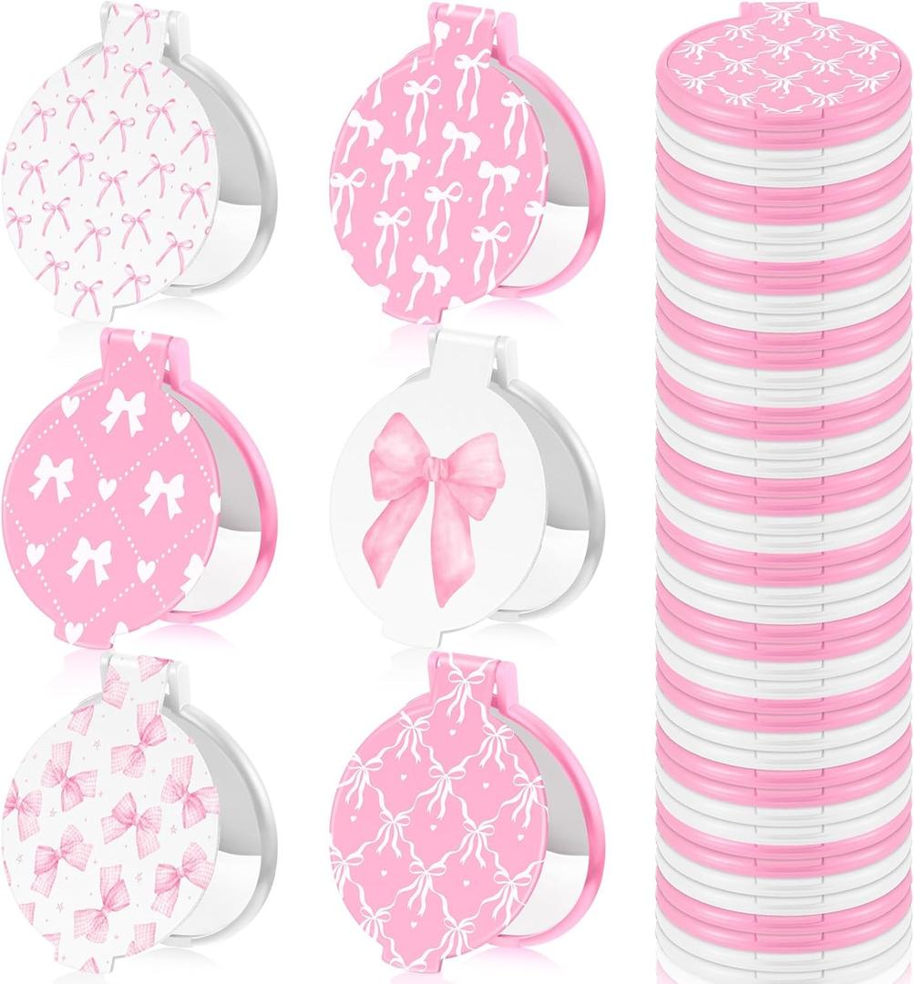 Namalu 36 Pcs Pink Bow Coquette Mini Compact Mirrors Party Aesthetic Gifts Bulk for Women Wedding Bridal Travel Portable Round Pocket Makeup Mirror Gift for Purse Party Favors Breast Cancer