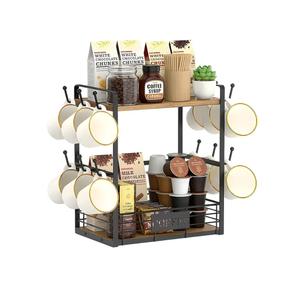 Coffee Mug Rack with 12 Hooks, 2-Tier Coffee Cup Holder with Shelf and Storage Basket, Kitchen Mug Organizer for Bar Kitchen Déco