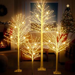 Baquler Pack of 4 Lighted Birch Tree - 4' 5' 6' 8' Large Christmas Warm-White LED 8 Mode Light Birch Tree Decoration Set for Thanksgiving Holiday Fall Winter Party Decor, Indoor & Outdoor