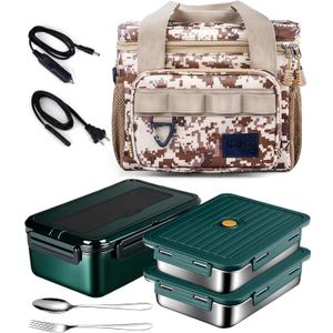 Electric Lunch Box 12v/24v/110v Heated Lunch Boxes for Adults Men Work Car Truck, 60-oz Portable Food Warmer Heating Lunchbox 80w Food Heater with Insulated Lunch Bag