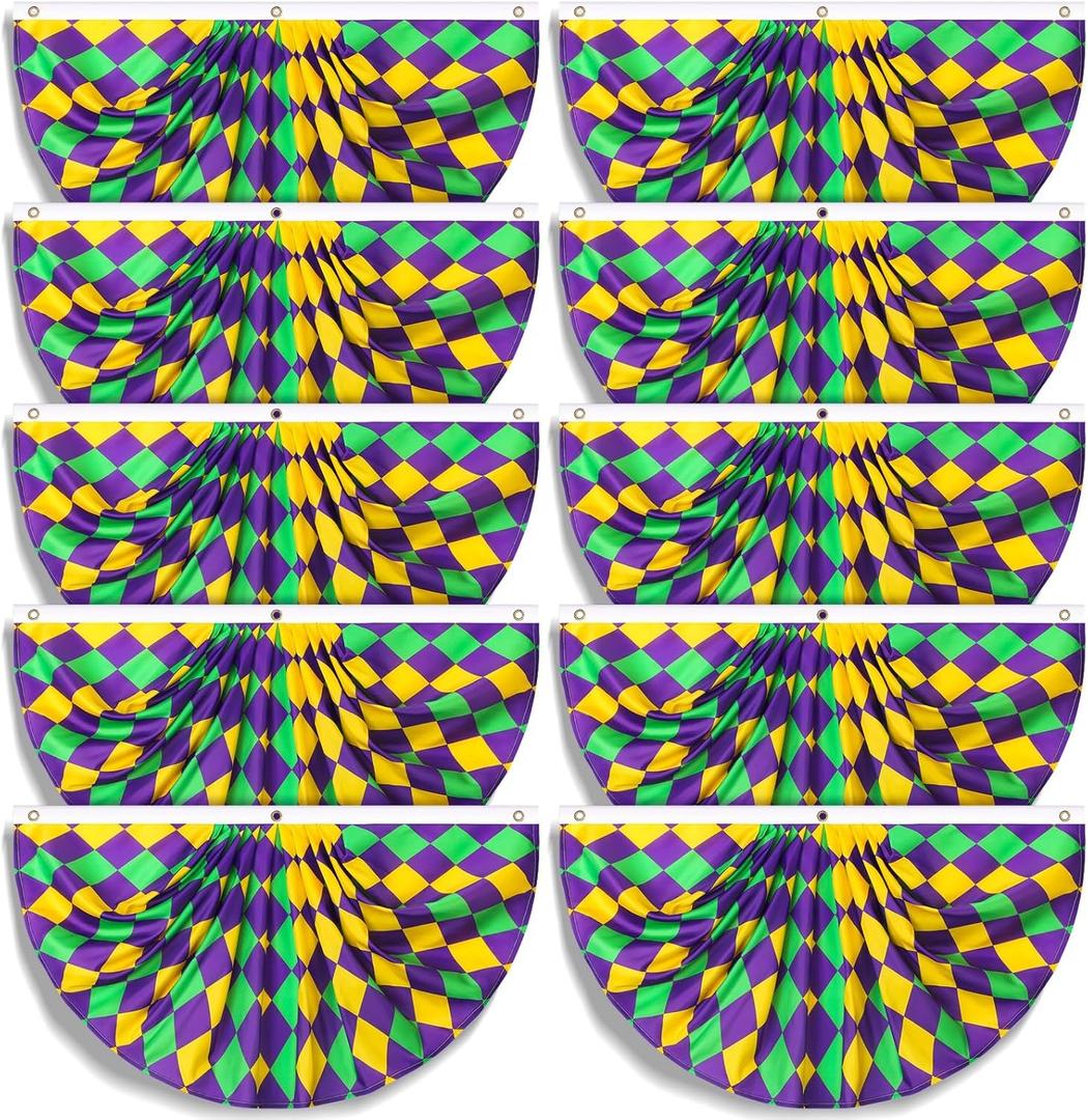 Hosuly 10 Pcs Mardi Gras Fan Flag New Orleans Mardi Gras Bunting 1.5 x 3 Ft Carnival Pleated Fan Bunting with Brass Grommets for Carnival Indoor Outdoor House Yard Decorations(Plaid)