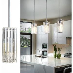 Crystal Pendant Lights for Kitchen Island - 10" Silvery Adjustable Chandelier, Dimmable E26 Hanging Fixture, Modern Lighting for Dining Bar (Chrome Silver-1Pack)