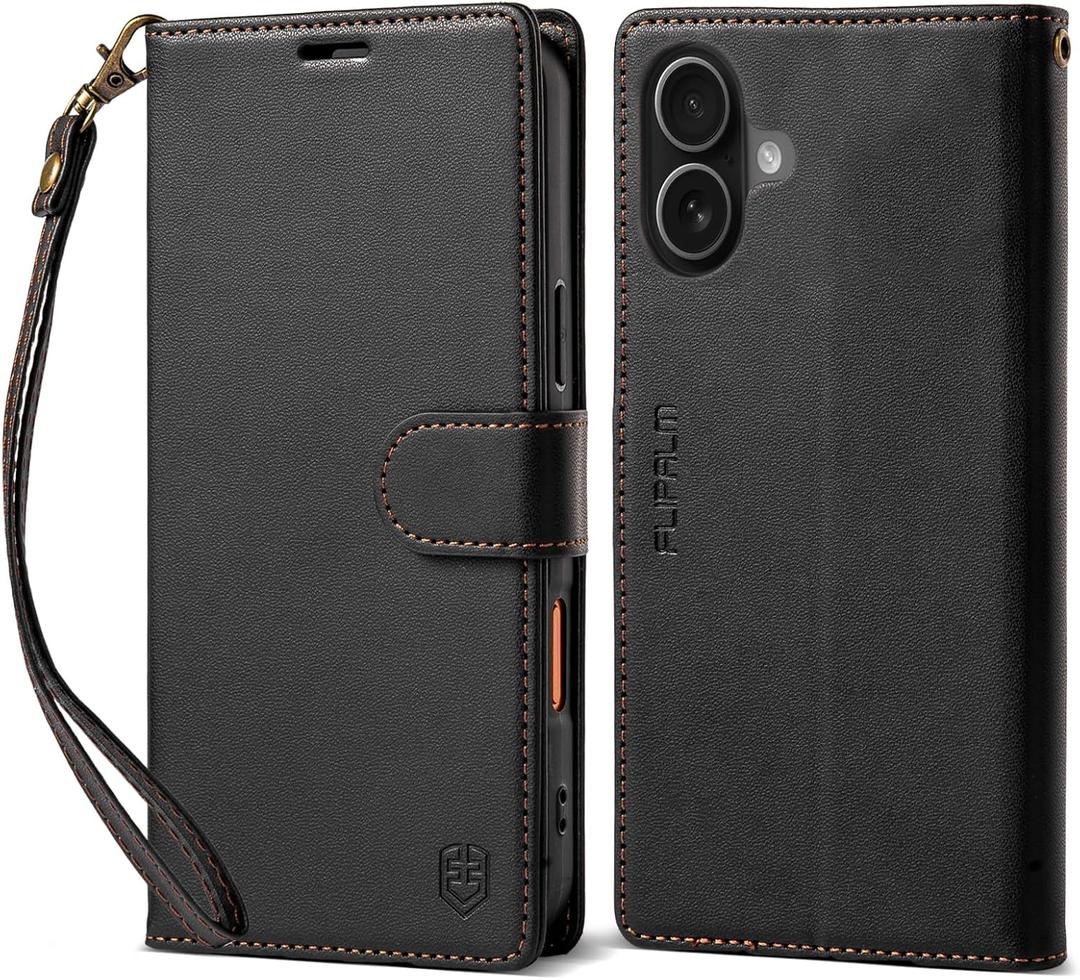 FLIPALM Wallet Case for iPhone 17 Series with Wrist Strap - PU Leather Folio Flip with Credit Card Holder & Kickstand, Protective Cover (Black, for iPhone 17)