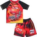 Disney Cars UPF 50+ Rash Guard Shirt and Swim Trunks Outfit Set Toddler to Little Kid Sizes (7-8)