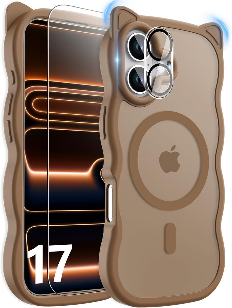 2 x 3 in 1 Magnetic for iPhone 17 Case for Women Girls,1X Screen Protector+1X Camera Lens Protector,Compatible with MagSafe,Translucent Matte,Cute Cat-Ear Wavy Phone Case,6.3",Brown