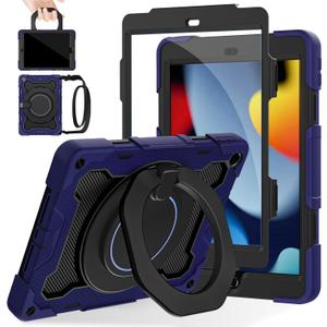 ROISKIN for iPad 9th 8th 7th Generation Case(iPad 10.2 inch) with HD Screen Protector for Kids[15ft Drop Protection] Rugged iPad Case 9 8 7 Gen 2021/2020/2019 with 360 Kickstand Handle Shoulder Strap (Navy Blue)
