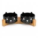 Ferrochef 2 Pcs 13.5 oz Ceramic Cat Food and Water Bowl with Elevated Wooden Stand,Cat Whiskers Pattern Cute Modern Pet Feeding Bowls for Cats(Black)