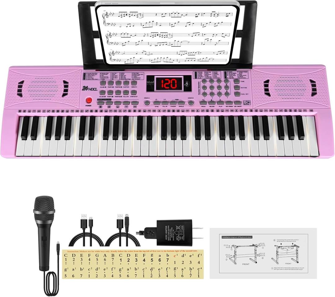 Electric Piano Keyboard, Digital 61 Key Piano Keyboard Kids with Speaker Microphone & Music Sheet Stand, Gift for Children Early Education Beginners, Pink
