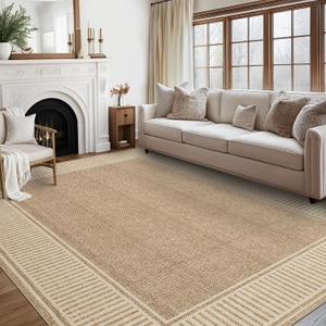 GarveeHome Area Rug 10x13 Modern Bordered Large Living Room Area Rug Washable Bedroom Throw Carpet with Rubber Backing Low Pile Stain Resistant Contemporary Rug for Dining Room Home Office, Khaki
