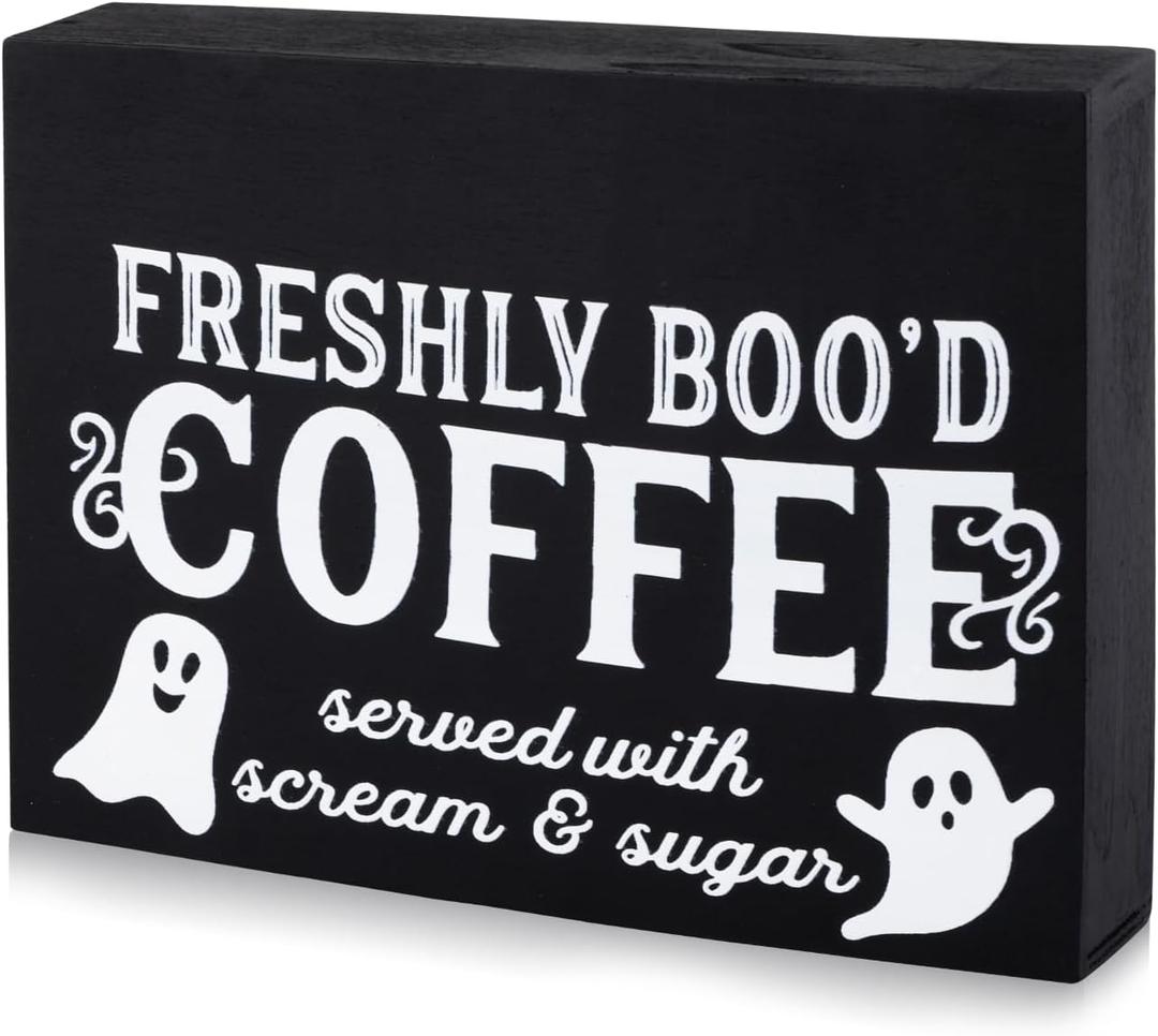 Freshly Booed Coffee Sign, Halloween Coffee Bar Decor Ghost Wooden Decorative Gothic Coffee Sign for Halloween Party Home Kitchen Table Shelf
