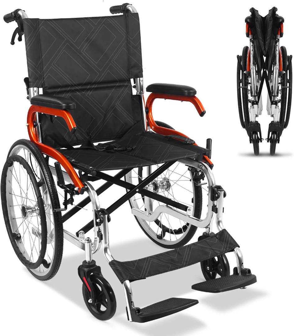 Wheelchairs for Adults, Ultra-Lightweight Transport Chair with Handbrakes, Portable Travel Wheel Chairs for Seniors, Folding Self-Propelled Transfer Wheelchairs, 18-Inch Seat Width, 220Lbs Capacity