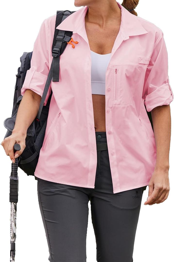 Pinspark Women's UPF 50+ Long Sleeve Quick Dry Outdoor Shirt with Pockets (Pink)