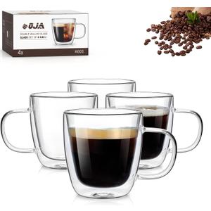 Double Walled Espresso Cups Set of 4, Hand Blown 5.5OZ Espresso Shots Glass, Coffee Mugs with Handle Perfect for Latte, Cappuccino, Tea