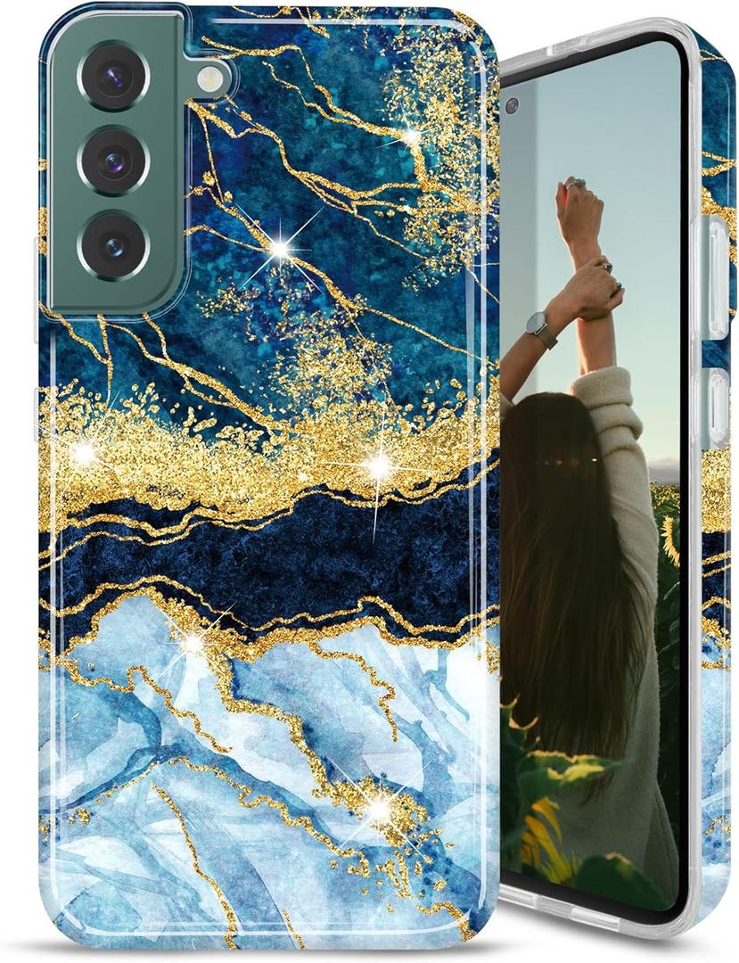 Galaxy S22 Case Gold Sparkle Glitter Marble Slim Shockproof TPU Soft Rubber Silicone Cover Phone Case for Samsung Galaxy S22 5G 6.1 inch 2022 Dark Blue