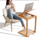 KASLANDI C Shaped Table for Couch, C Table with Wheels,Wooden Couch Table Adjustable Desktop for Living Room,Bedroom - Natural Color
