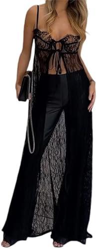 Women See Through Lace Dress Y2k Sexy Sheer Mesh Bodycon Long Dress Spaghetti Strap Sleeveless Cover Up Maxi Dress, L