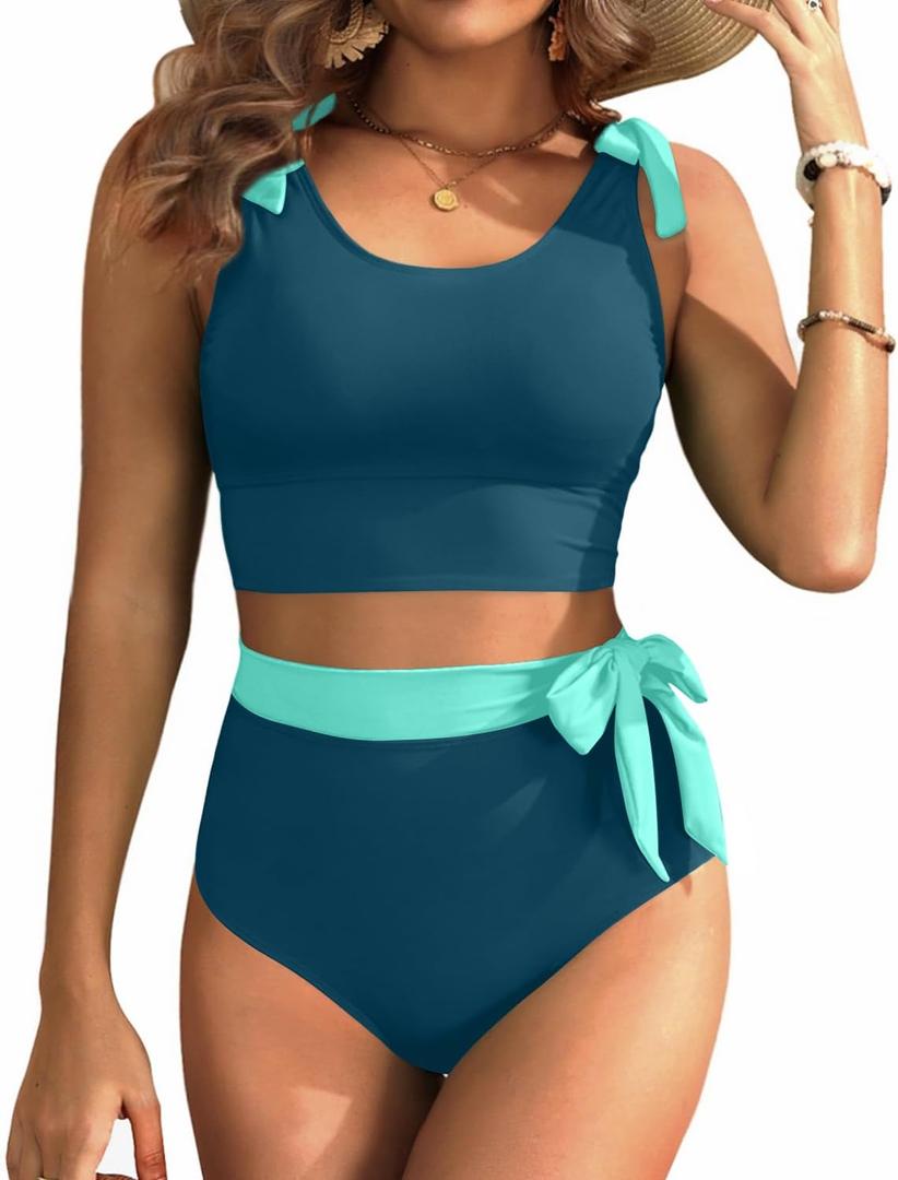 Yonique Two Piece High Waisted Swimsuits - Women Tummy Control Bikini Modest Bathing Suit 2PC 2025 Teal and Green L