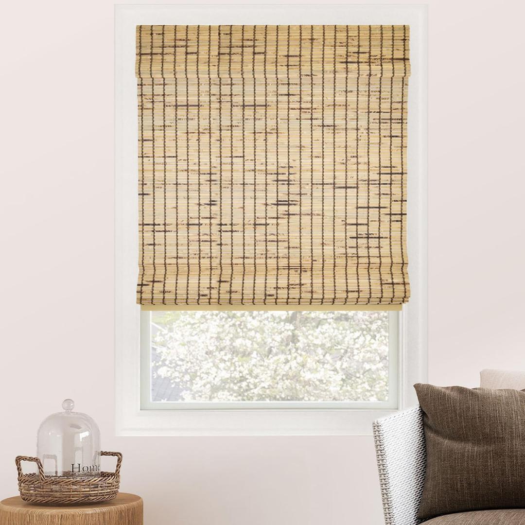 CHICOLOGY Bamboo Roman Shade, Cordless Light Filtering Woven Wood Window Treatment for Living Room, Dining Room, Kitchen & Office, Natural Bamboo Blinds for Boho Coastal Decor, Tortoise, 27"W x 64"H