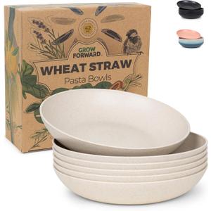 Grow Forward Premium Wheat Straw Pasta Bowls - 42oz Unbreakable Wide & Shallow Dinner Plate Bowls Set of 6 - Microwave Safe Reusable Plastic Pasta Bowls for Kids, Adults, Salad, Camping, RV - Sahara