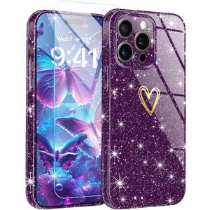 for iPhone 15 Pro Max Case Cute,Clear Glitter with [1 x Tempered Glass Screen Protector] Sparkly Bling Shockproof Bumper Protective Soft Silicone Phone Cover Case for Women Girls Dark Purple