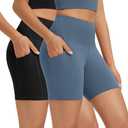 Pack of two ODODOS High Waist Workout Shorts with Pockets for Women 6"/8" Inseam Tummy Control Gym Athletic Biker Shorts Blue and Blue Size S