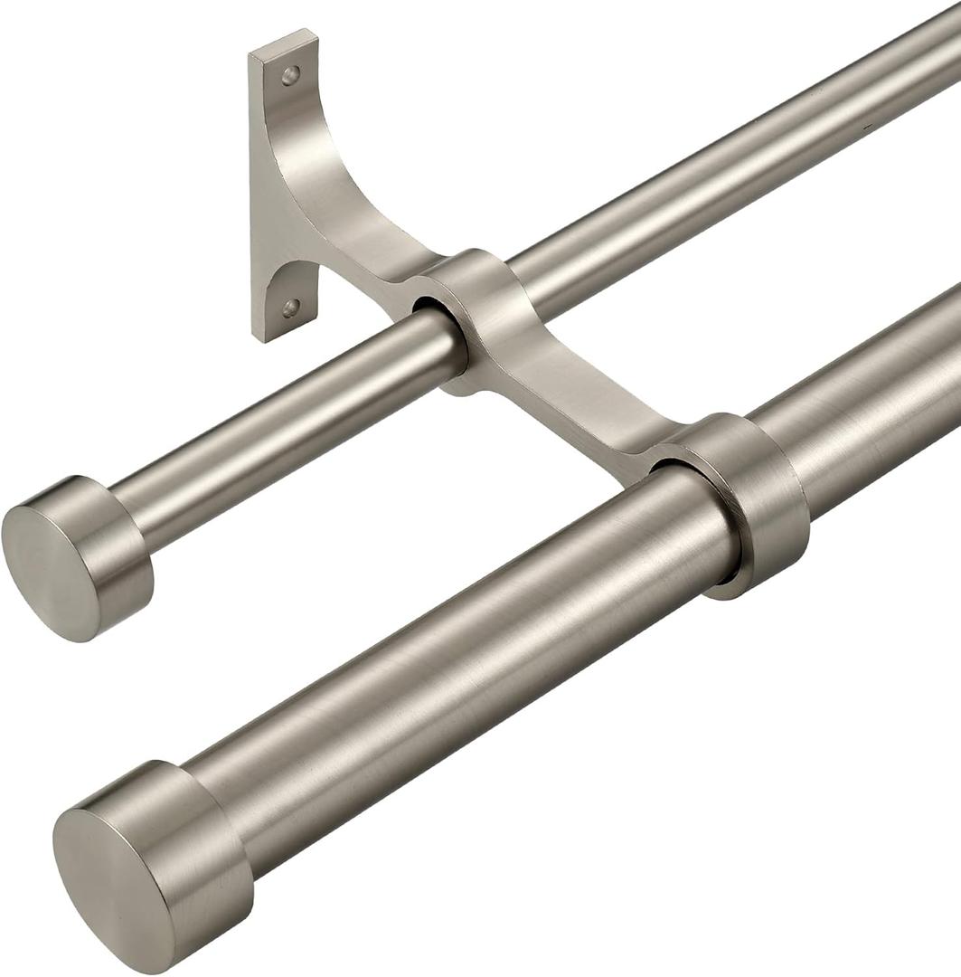 Double Curtain Rods with Aluminum End Cap and Full Surround Brackets,1-Inches Front and 5/8 Inches Back Adjustable Double Window Drapery Rod for Sheer and Blackout Curtains,72-144" ,Brushed Nickel