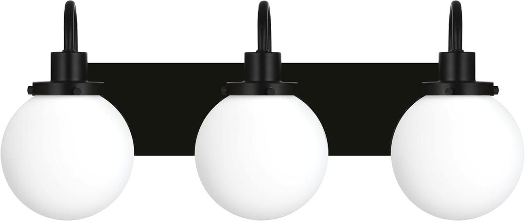 Yaohong Bathroom Light Fixtures Over Mirror, 3-Light Matte Black Vanity Light with Milk White Globe Glass Shade, Mid Century Modern Vanity Lighting Fixtures (E26 Base)