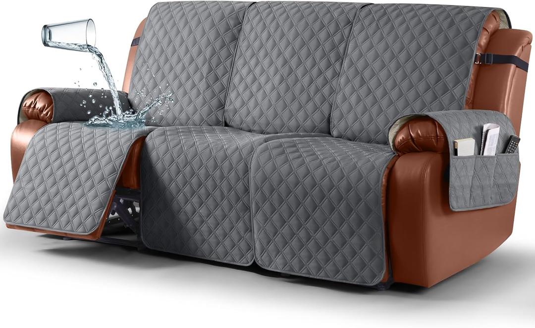 Ruaozz Waterproof Recliner Couch Covers, Sofa Slipcovers Washable 1-Piece Reclining Sofa Covers Non-Slip Furniture Protector with Elastic Straps Pocket for Kids Pets (Dark Grey, 3 Seater)