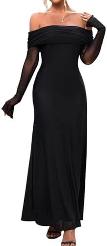 KUTUMAI Women Off Shoulder Bodycon Maxi Dress Long Sleeve Mesh Ruched Party Formal Wedding Guest Dresses, size Large