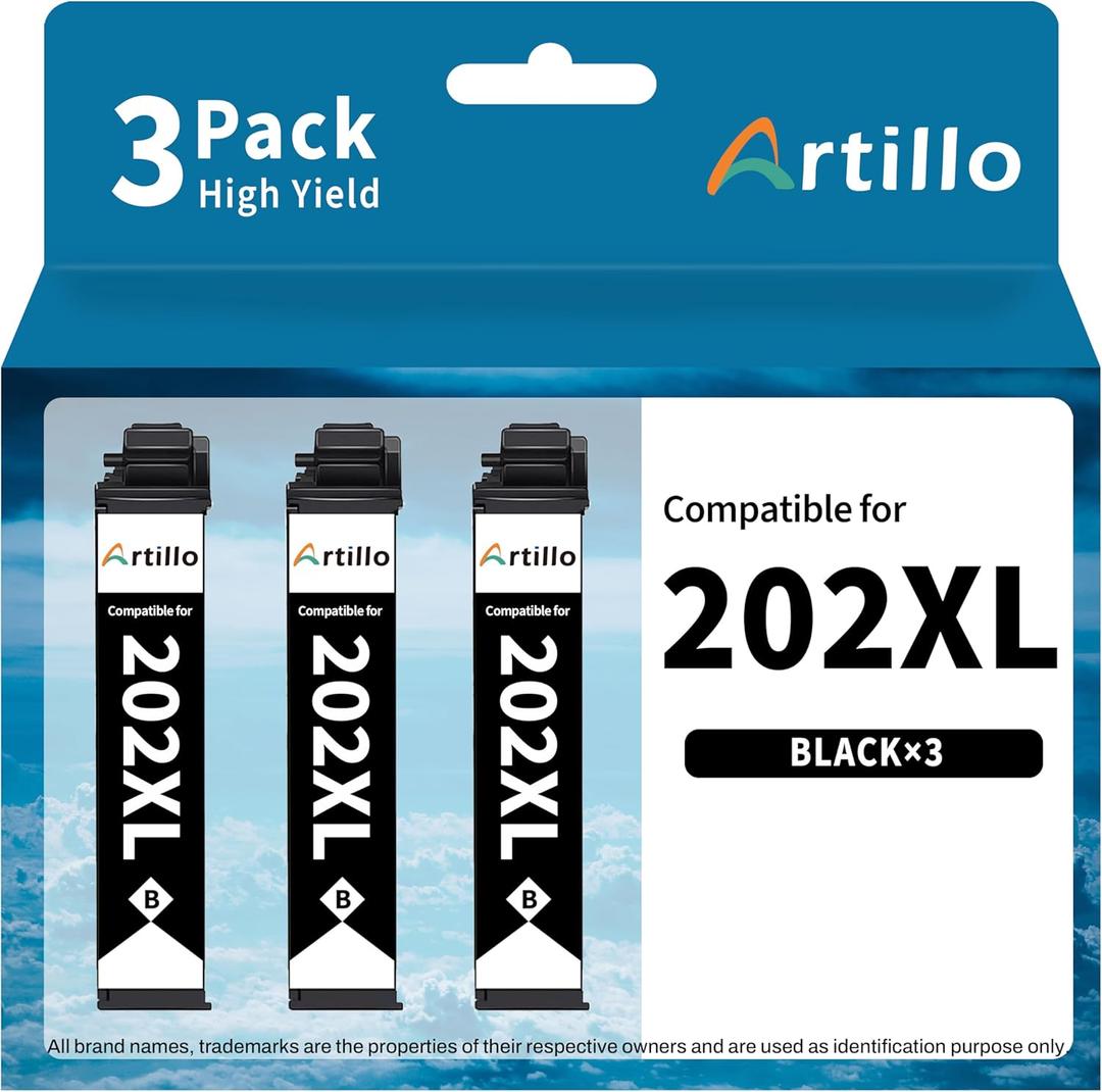 Remanufactured Ink Cartridges Replacement for Epson 202 Black Ink Cartridges 202XL T202 T202XL for Expression Home XP-5100 XP5100 Workforce WF-2860 WF2860 Printer (Black, 3 Pack) (202XL, Cyan, Magenta, Yellow)