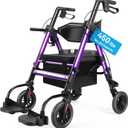 Heavy Duty Rollator Walker for Seniors with Seat, Foldable 2 in 1 Rolling Walkers Wheelchair Combo for Adult, All Terrain Wheels, Adjustable Transport Chair with Brake, 450 lb. Weight Capacity, Purple