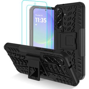 Samsung Galaxy A36 5G Case with 2 Pack Screen Protector, Military Grade Shockproof, Heavy Duty Robust Bumper Cover with Kickstand for Galaxy A36 5G Phone Case, Black