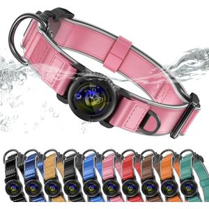 WhoseID AirTag Dog Collar, Waterproof Reflective Leather Dog Collar with AirTag Holder and Magnetic Buckle, Heavy Duty Pet Collar for Small Medium Large Dogs, Pink
